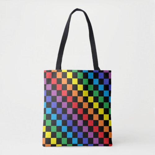 Checkered Rainbow Black Tote Bag