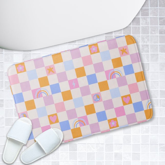 Checkered Rainbow Boho Peace Love Bath Mat (Checkered Rainbow Boho Peace Love Bath Mat)
