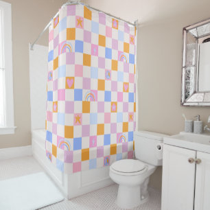 Checkered Rainbow Boho Peace Love Shower Curtain
