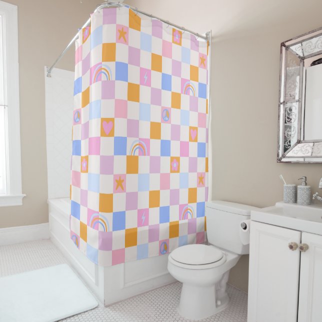 Checkered Rainbow Boho Peace Love Shower Curtain (In Situ)