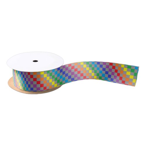 Checkered Rainbow Gray Satin Ribbon