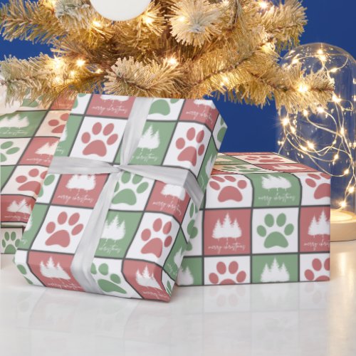 Checkered Red and Green paw print Christmas Tree Wrapping Paper
