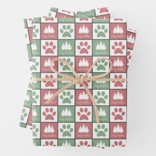Checkered Red and Green paw print Christmas Tree Wrapping Paper Sheets