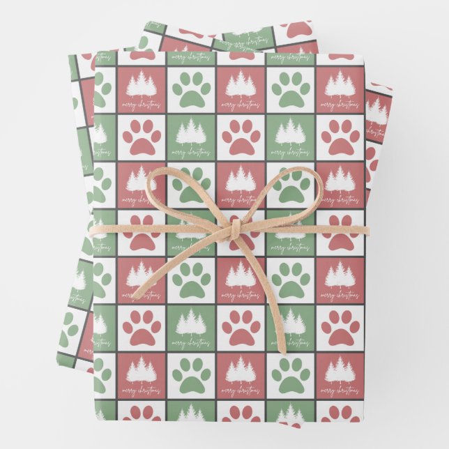 Checkered Red and Green paw print Christmas Tree Wrapping Paper Sheets (In situ)