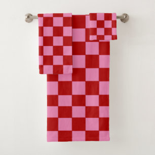 Checkered Red and Hot Pink Bath Towel Set