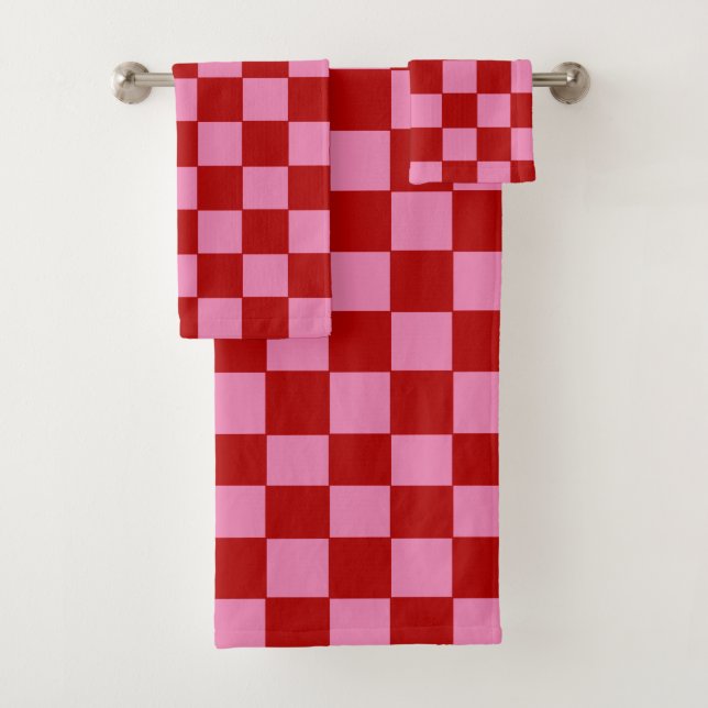 Checkered Red and Hot Pink  Bath Towel Set (Insitu)