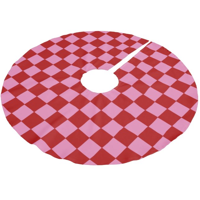 Checkered Red and Hot Pink  Brushed Polyester Tree Skirt (Angled)