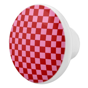 Checkered Red and Hot Pink  Ceramic Knob