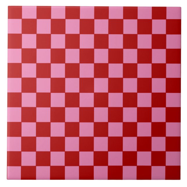 Checkered Red and Hot Pink  Ceramic Tile (Front)