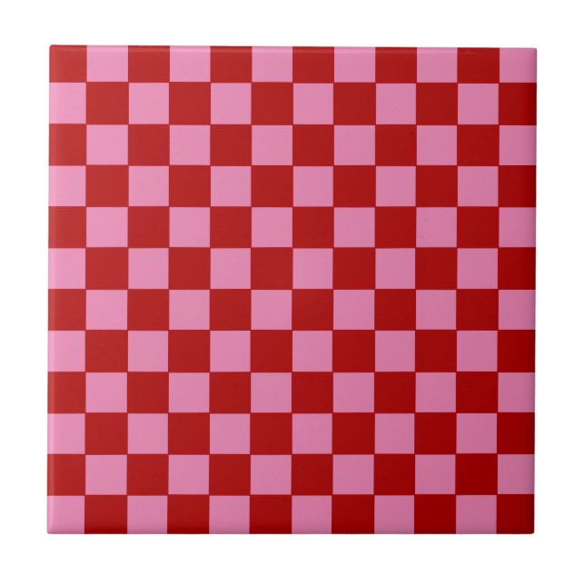 Checkered Red and Hot Pink  Ceramic Tile (Front)