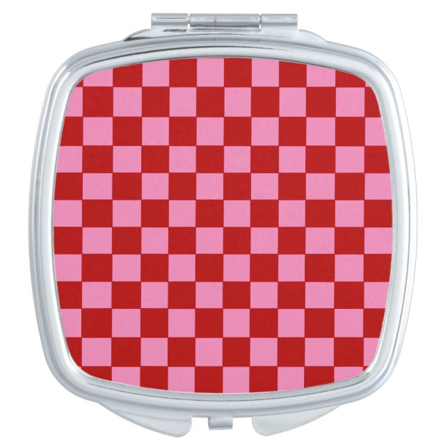 Checkered Red and Hot Pink  Compact Mirror (Front)