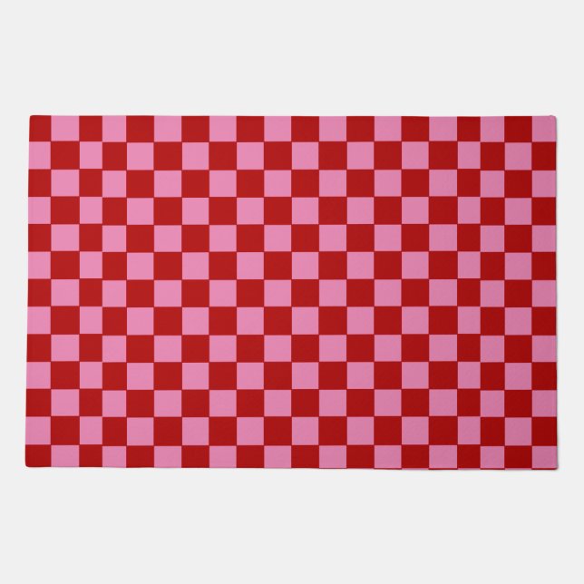 Checkered Red and Hot Pink  Doormat (Front)