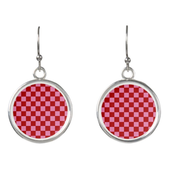Checkered Red and Hot Pink  Earrings (Front)