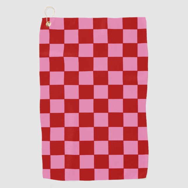 Checkered Red and Hot Pink  Golf Towel (Front)