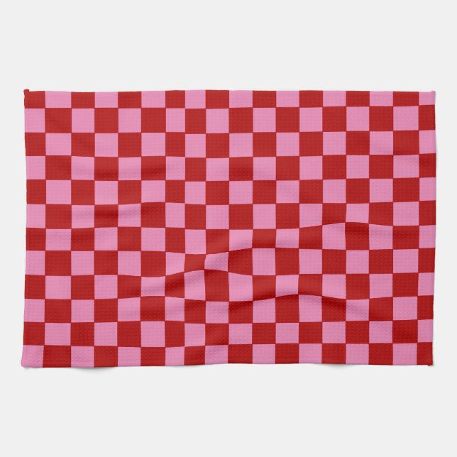 Checkered Red and Hot Pink  Kitchen Towel (Horizontal)