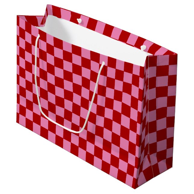 Checkered Red and Hot Pink  Large Gift Bag (Front Angled)