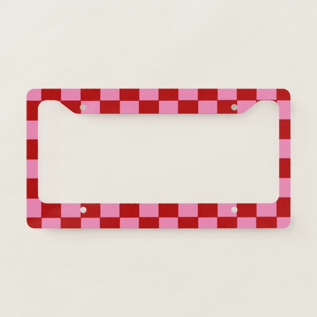 Checkered Red and Hot Pink  License Plate Frame (Front)