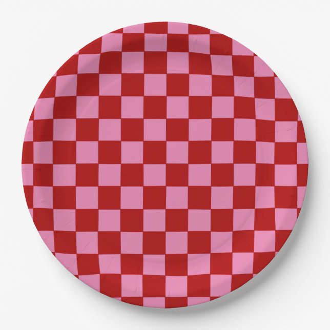 Checkered Red and Hot Pink  Paper Plates (Front)
