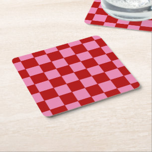 Checkered Red and Hot Pink  Square Paper Coaster