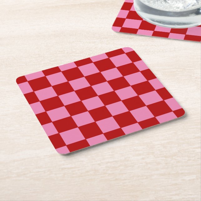 Checkered Red and Hot Pink  Square Paper Coaster (Angled)