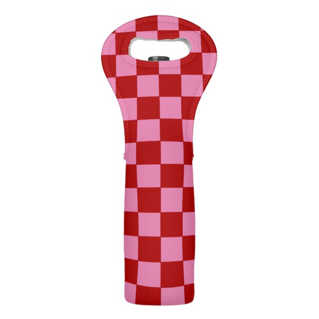 Checkered Red and Hot Pink  Wine Bag (Front)