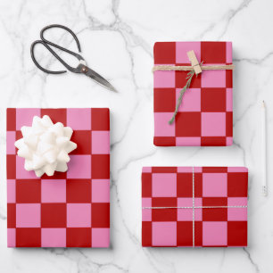 Checkered Red and Hot Pink Wrapping Paper Sheets