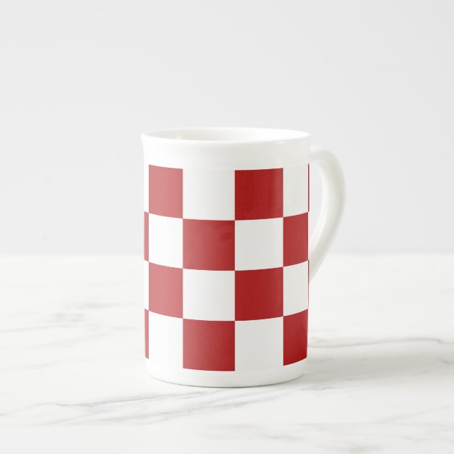 Checkered Red and White Bone China Mug (Front Right)