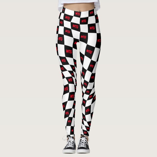 checkered red black and white race track retro leggings (Front)