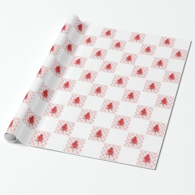 Checkered Red Christmas Plaid Pattern Wrapping Paper (Unrolled)