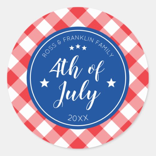 Checkered Red Gingham 4th of July Family Party Classic Round Sticker