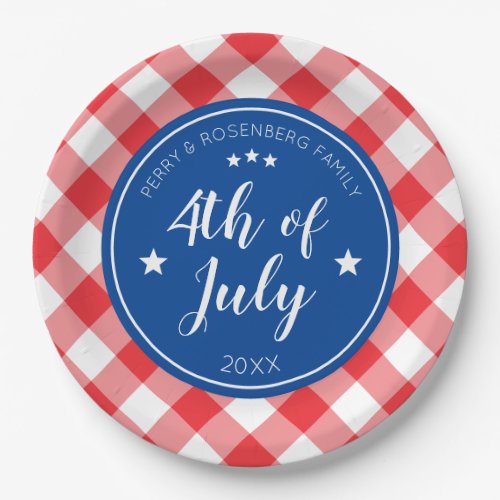 Checkered Red Gingham 4th of July Family Party Paper Plates