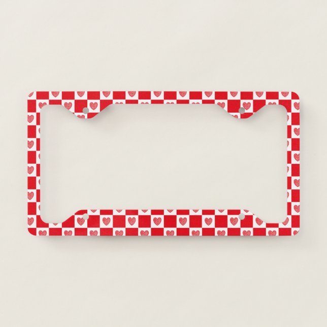 Checkered Red Hearts License Plate Frame (Front)
