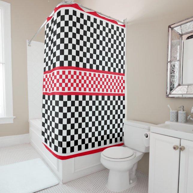 Checkered Red White Black  Shower Curtain (In Situ)