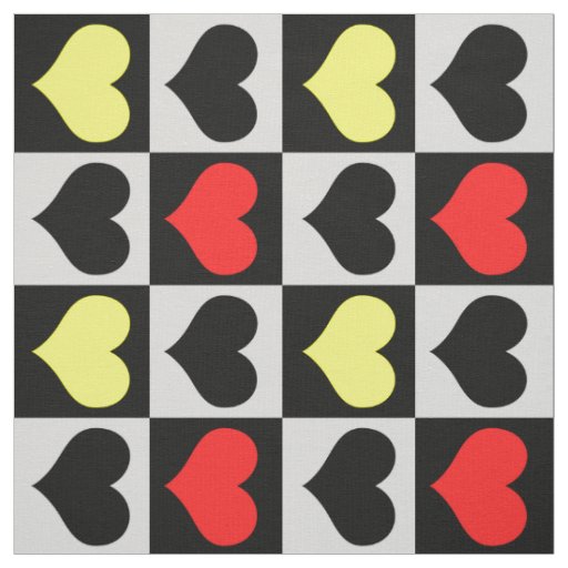 Checkered Red Yellow Black Hearts Love Fabric