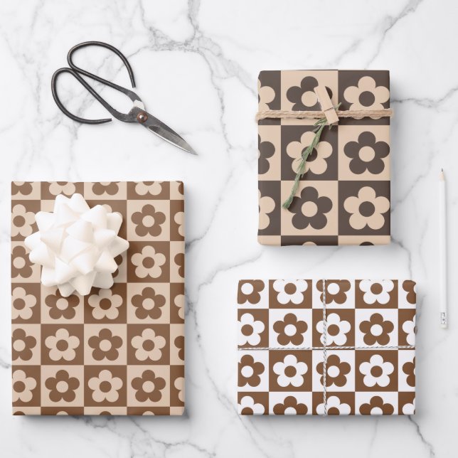 Checkered Retro Brown Beige Floral Wrapping Paper Sheets (Front)