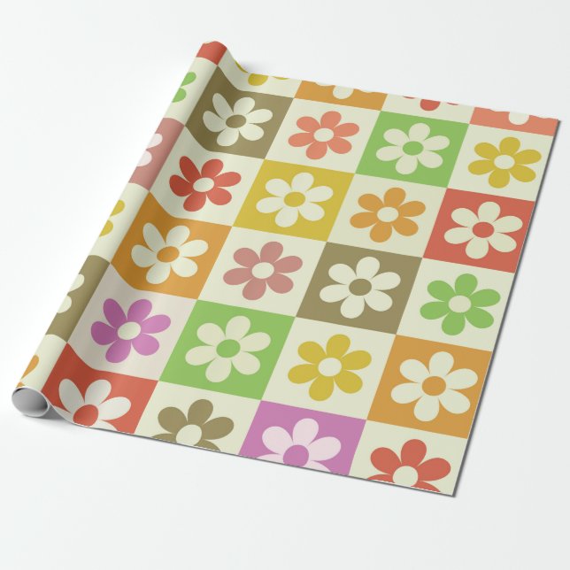 Checkered Retro Colorful Flowers Pattern  Wrapping Paper (Unrolled)
