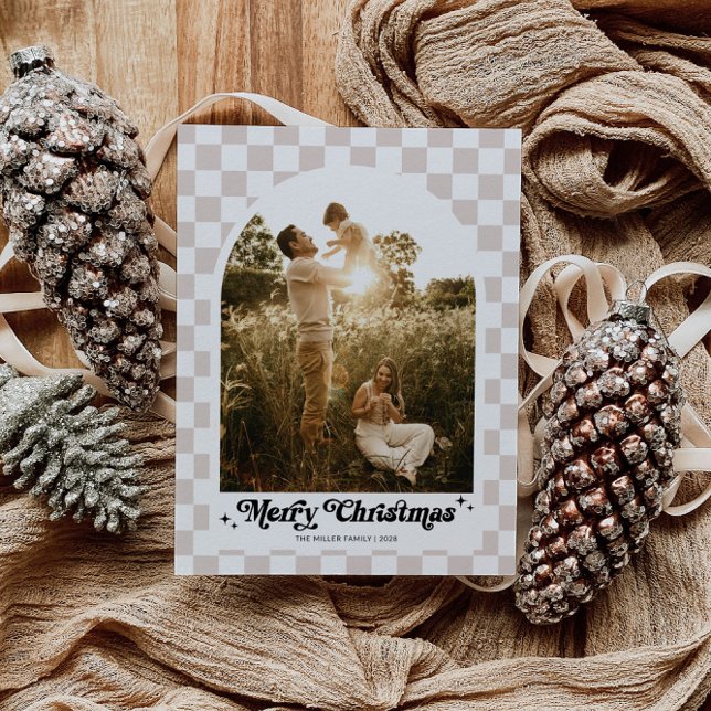 Checkered Retro Family Arch Photo Holiday Postcard (Retro Checkered Arch Family Photo Christmas Card)