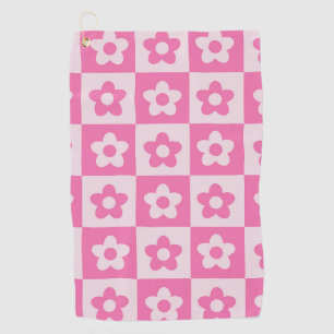 Checkered Retro Flowers Hot Pink and White Golf Towel