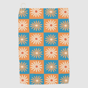 Checkered Retro Flowers on Blue and Orange Golf Towel