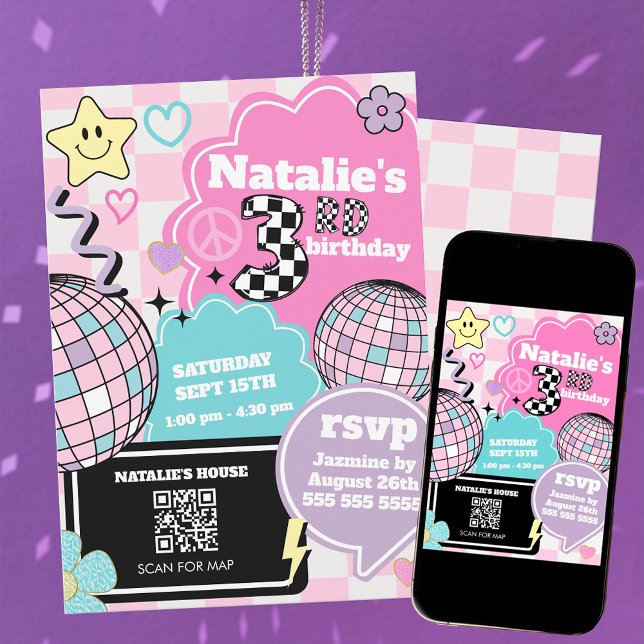 Checkered Retro Groovy Disco 3rd Birthday Party Invitation (Creator Uploaded)