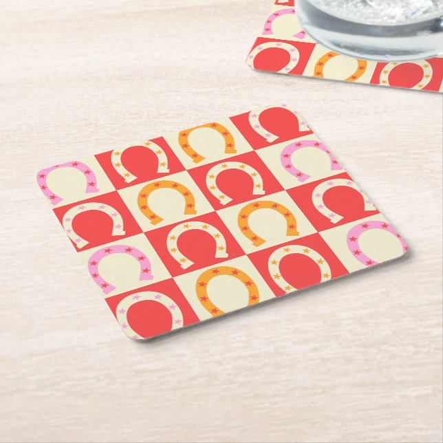 Checkered Retro Horseshoe in Orange red and Pink  Square Paper Coaster (Angled)