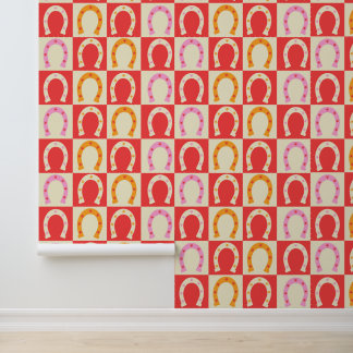 Checkered Retro Horseshoe in Orange red and Pink Wallpaper