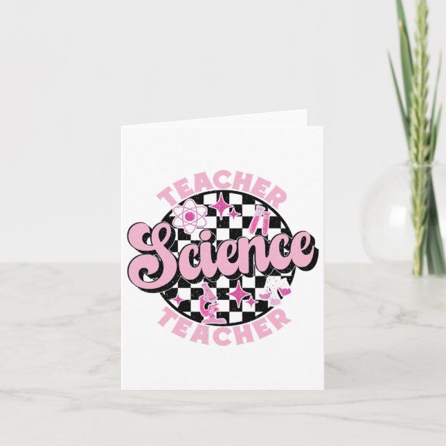 Checkered Retro Pink Back To School Science Teache Card (Front)