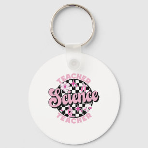 Checkered Retro Pink Back To School Science Teache Keychain