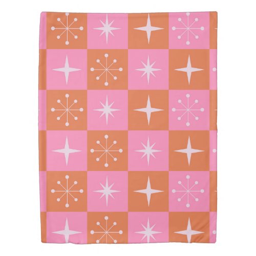 Checkered Retro stars pattern pink orange  Duvet Cover