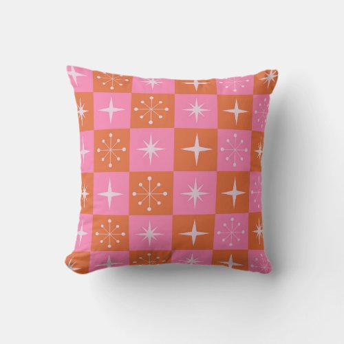 Checkered Retro stars pattern pink orange     Throw Pillow