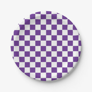 Checkered Royal Purple and White Paper Plates