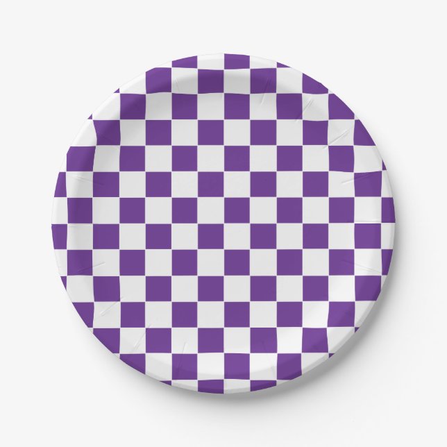 Checkered Royal Purple  and White Paper Plates (Front)