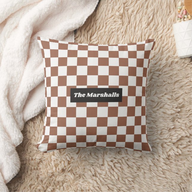 Checkered Rust Terracotta Family Name Pillow (Blanket)