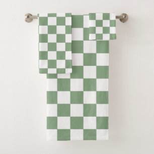 Checkered Sage Green and White Bath Towel Set
